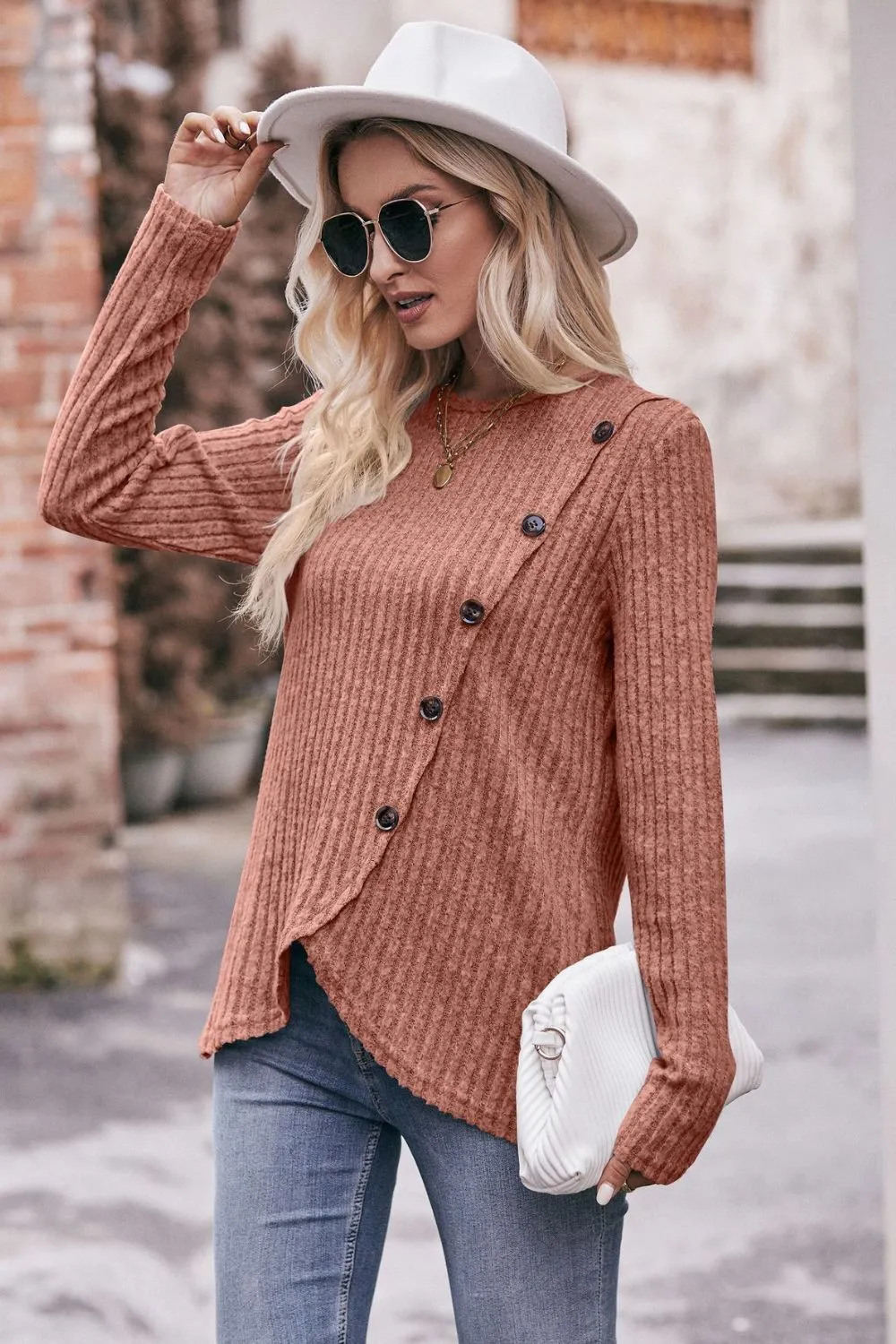 * APP EXCLUSIVE* Ribbed Round Neck Buttoned Long Sleeve Tee