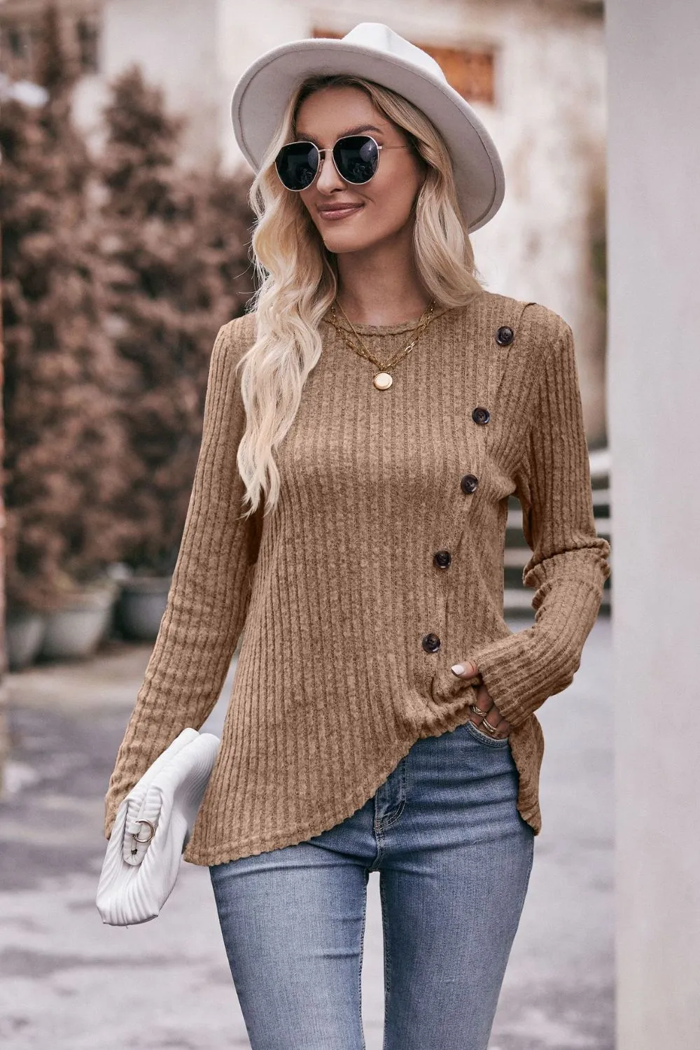 * APP EXCLUSIVE* Ribbed Round Neck Buttoned Long Sleeve Tee