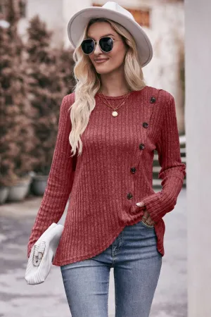 * APP EXCLUSIVE* Ribbed Round Neck Buttoned Long Sleeve Tee