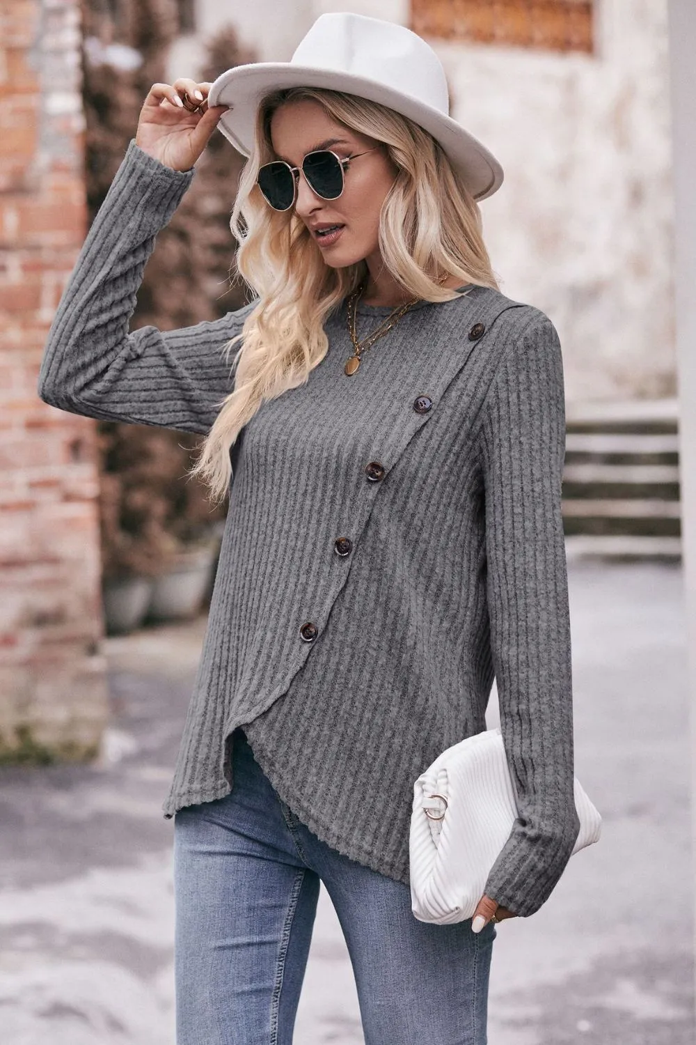 * APP EXCLUSIVE* Ribbed Round Neck Buttoned Long Sleeve Tee