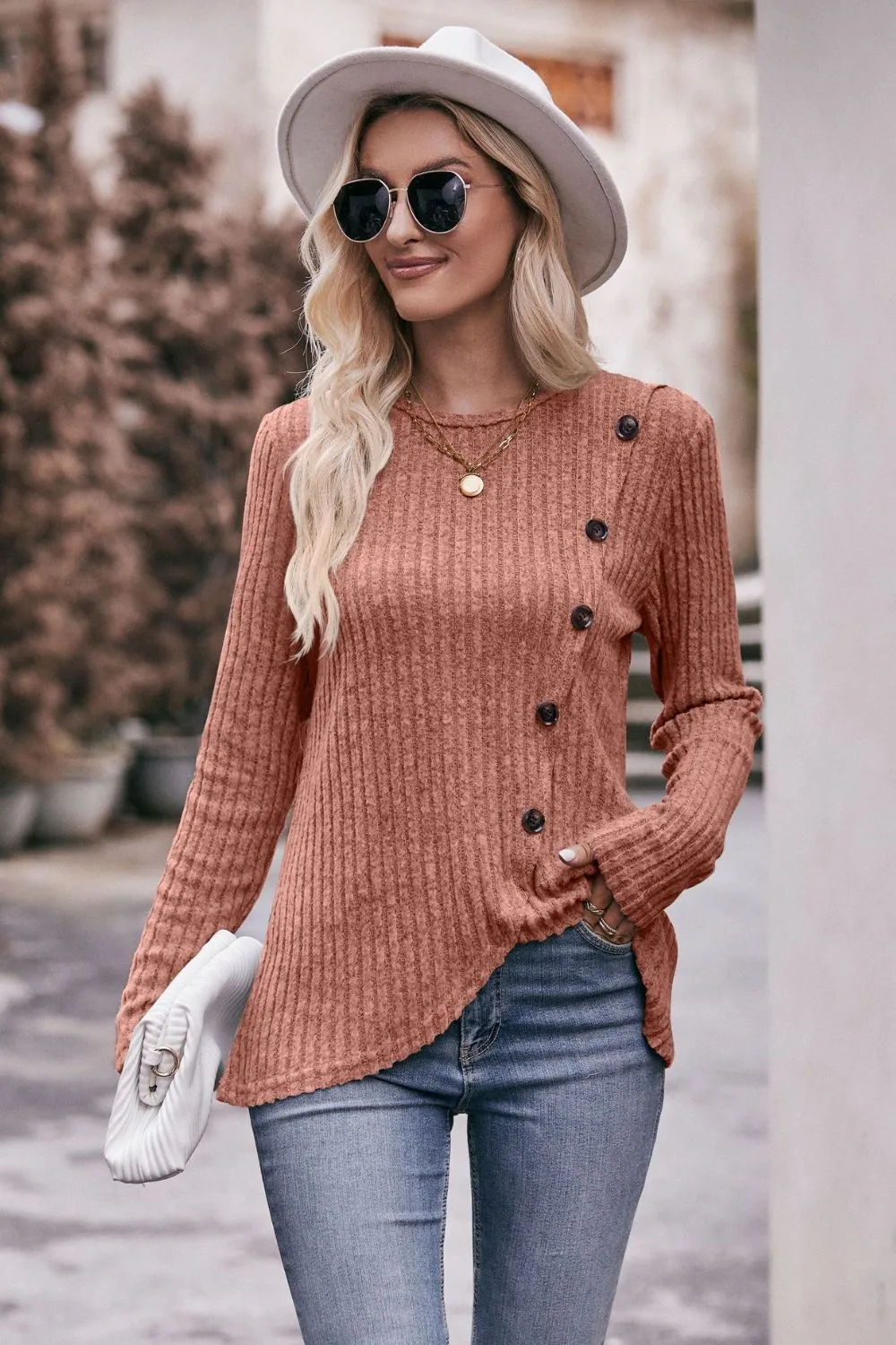 * APP EXCLUSIVE* Ribbed Round Neck Buttoned Long Sleeve Tee