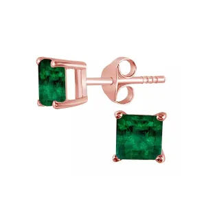 10k Rose Gold Plated 1/2 Carat Princess Cut Created Emrald Stud Earrings