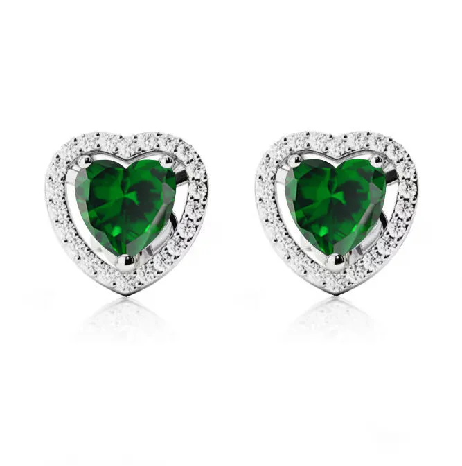 10k White Gold Plated 1 Ct Created Halo Heart Emerald Stud Earrings