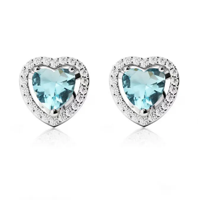 10k White Gold Plated 1/2 Ct Created Halo Heart Aquamarine Stud Earrings