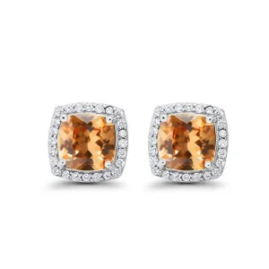 10k White Gold Plated 1/2 Ct Created Halo Princess Cut Citrine Stud Earrings