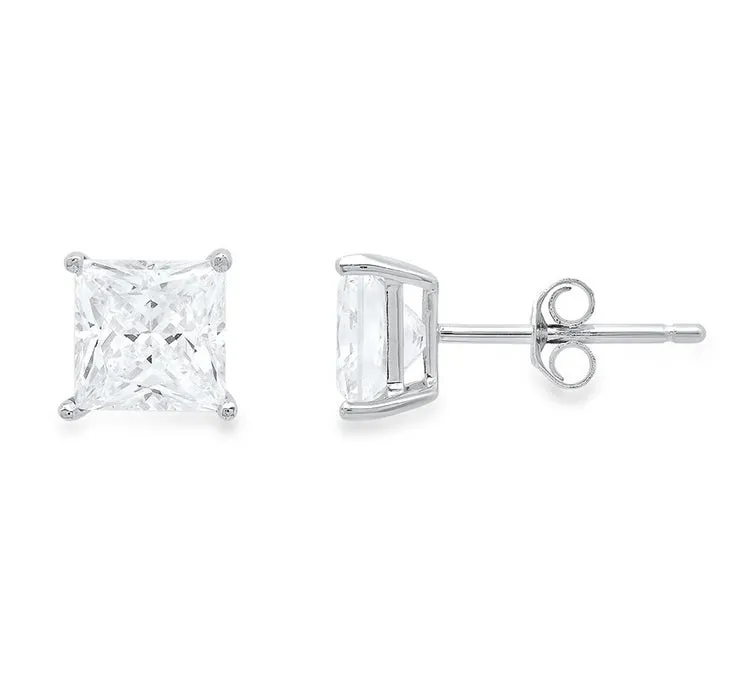 10k White Gold Plated Created White Sapphire 1/2Ct Princess Cut Stud Earrings