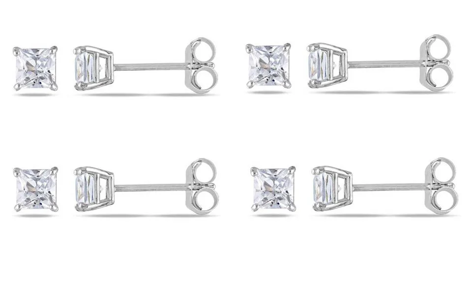 10k White Gold Plated Created White Sapphire 3Ct Square Cut Set of Four Stud Earrings