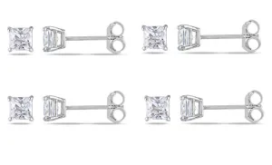 10k White Gold Plated Created White Sapphire 3Ct Square Cut Set of Four Stud Earrings