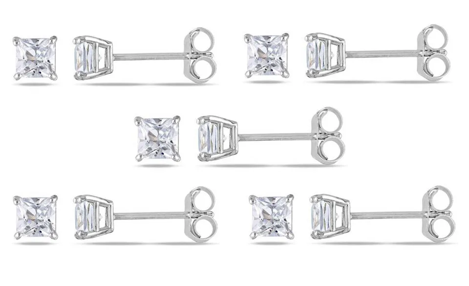 10k White Gold Plated Created White Sapphire 4Ct Square Cut Set of Five Stud Earrings