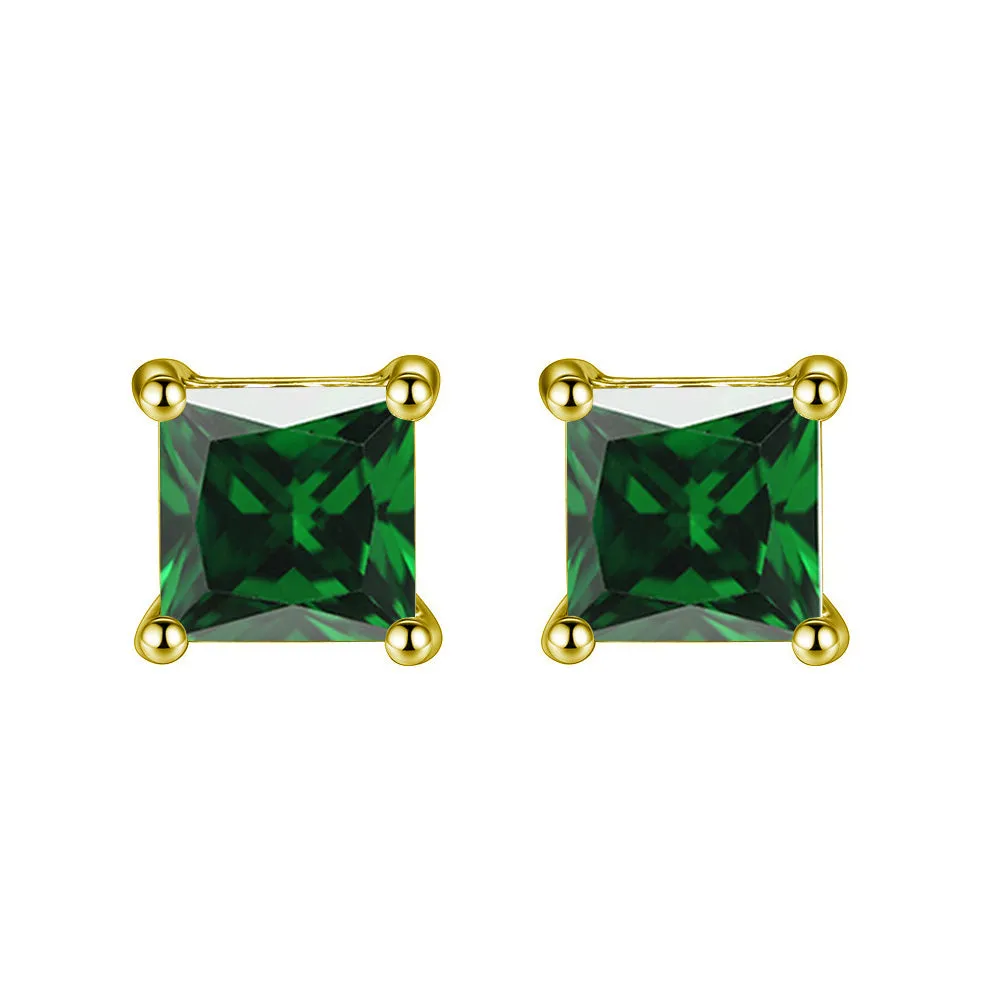 10k Yellow Gold Plated 4 Ct Square Created Emerald Stud Earrings