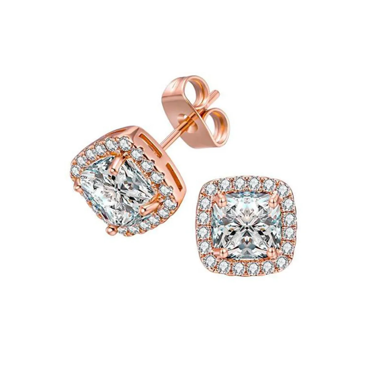 14k Rose Gold Plated 1 Carat Princess Cut Created Halo Sapphire Stud Earrings