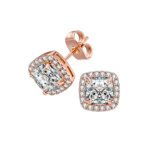 14k Rose Gold Plated 2 Carat Princess Cut Created Halo Sapphire Stud Earrings