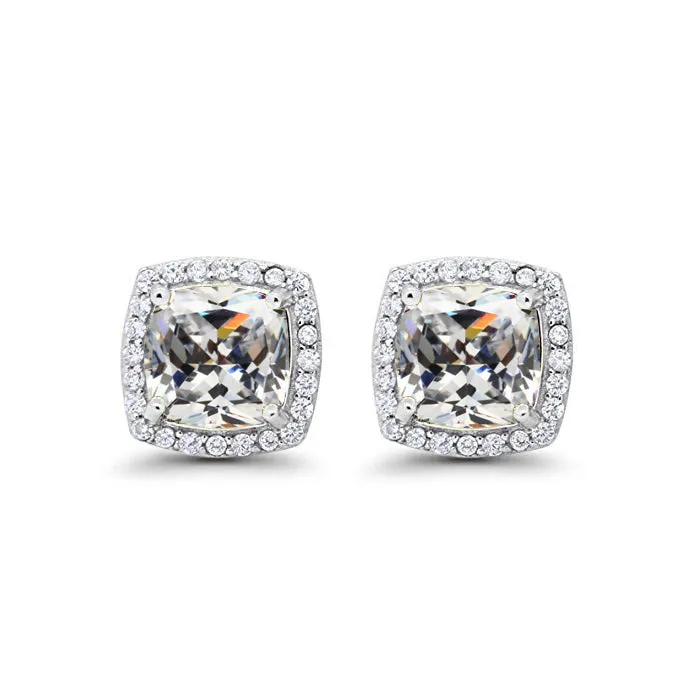 14k White Gold Plated 1 Ct Created Halo Princess Cut White Sapphire Stud Earrings