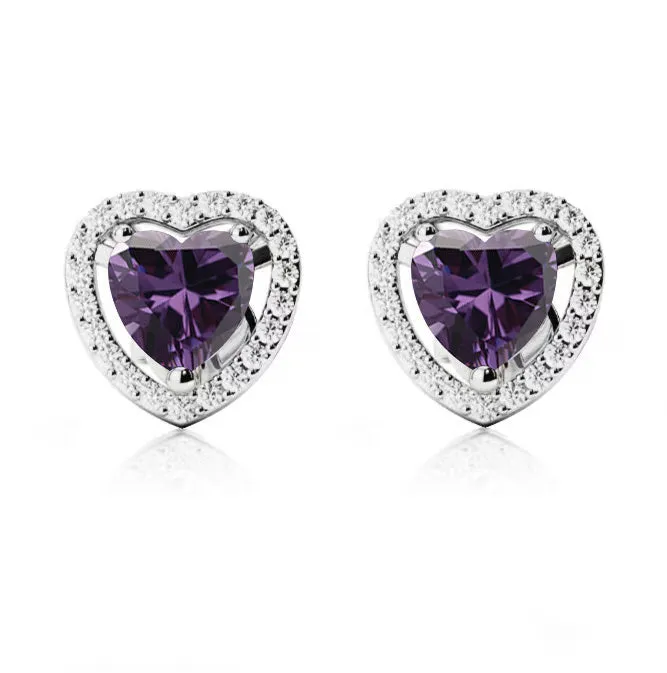 14k White Gold Plated 1/2 Ct Created Halo Heart Amethyst Stud Earrings