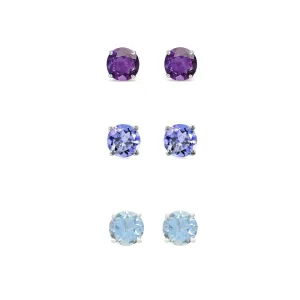 14k White Gold Plated 1/2Ct Created Amethyst, Tanzanite and Aquamarine 3 Pair Round Stud Earrings