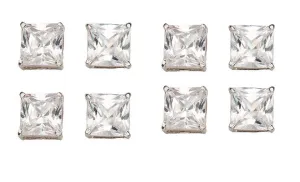 14k White Gold Plated 1/2Ct Square Cut White Sapphire Set Of Four Stud Earrings