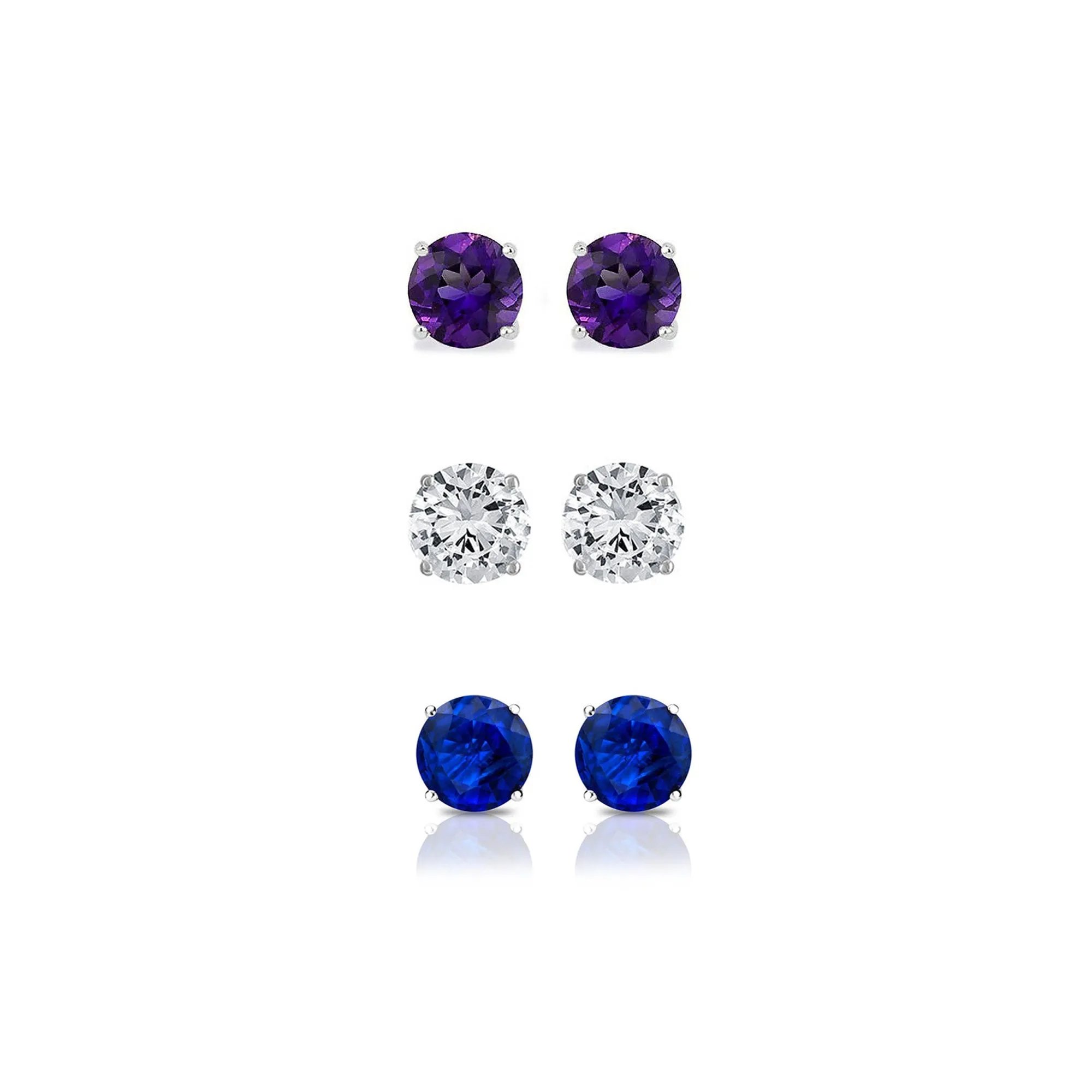 14k White Gold Plated 1Ct Created Amethyst, White Sapphire and Blue Sapphire 3 Pair Round Stud Earrings