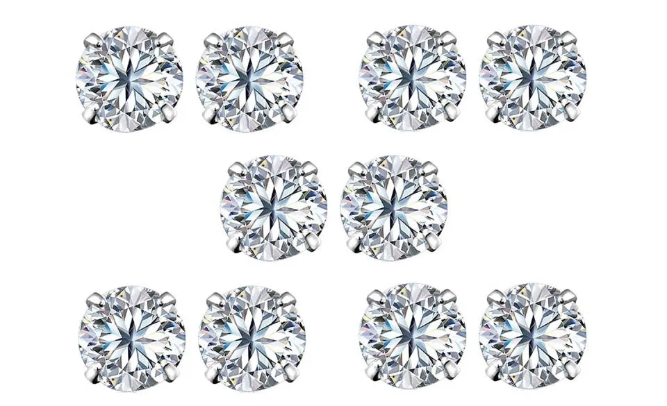 14k White Gold Plated 1Ct Round White Sapphire Set Of Five Stud Earrings