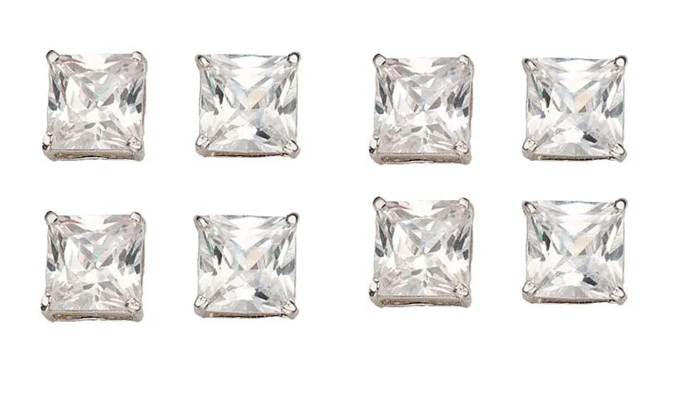 14k White Gold Plated 1Ct Square Cut White Sapphire Set Of Four Stud Earrings