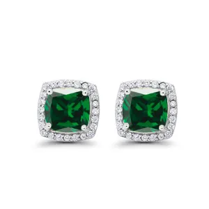 14k White Gold Plated 2 Ct Created Halo Princess Cut Emerald Stud Earrings