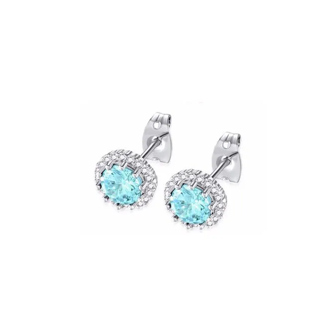 14k White Gold Plated 2 Ct Created Halo Round Aquamarine Stud Earrings