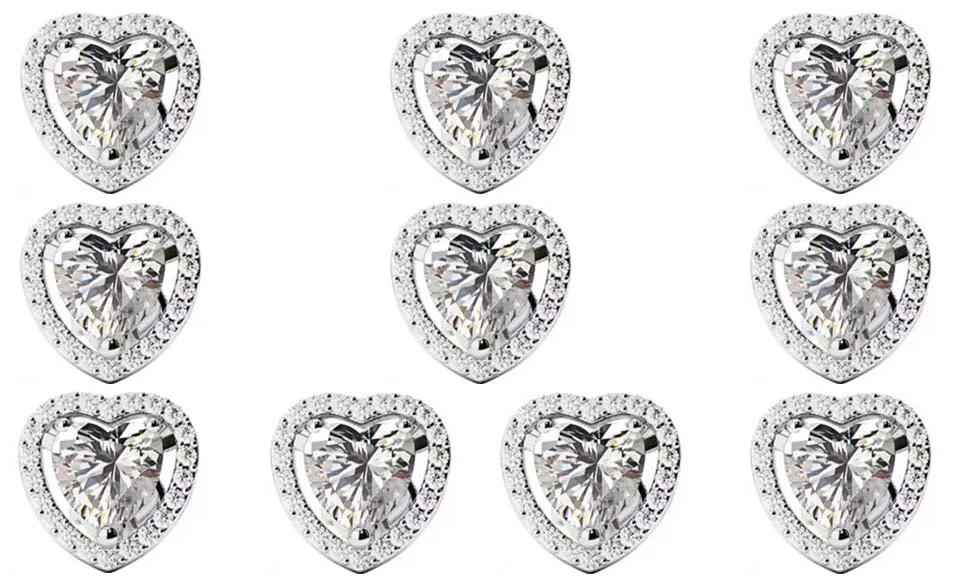 14k White Gold Plated 2Ct Heart White Sapphire Set of Five Halo Stud Earrings