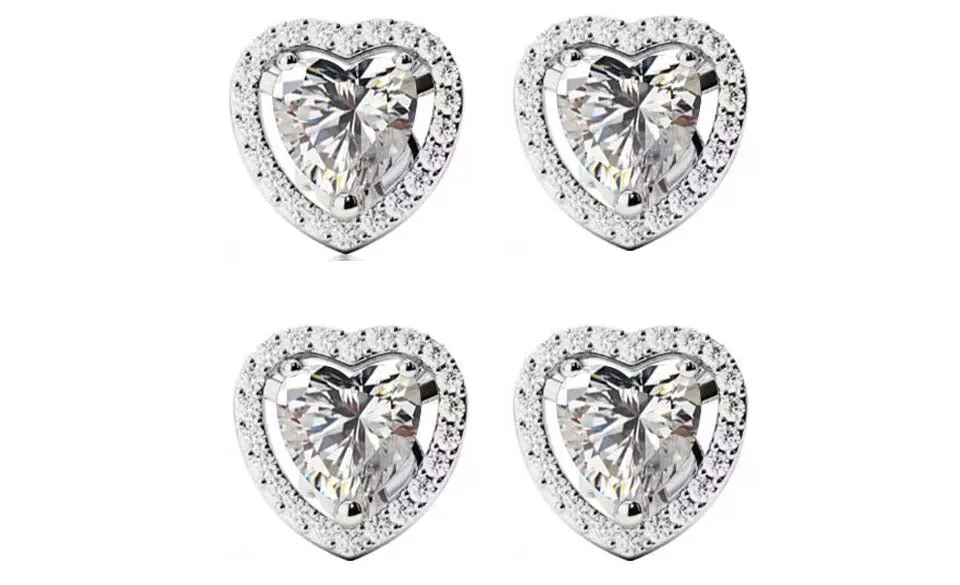 14k White Gold Plated 2Ct Heart White Sapphire Set of Two Halo Stud Earrings