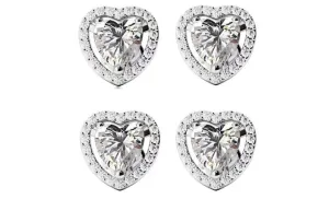 14k White Gold Plated 2Ct Heart White Sapphire Set of Two Halo Stud Earrings