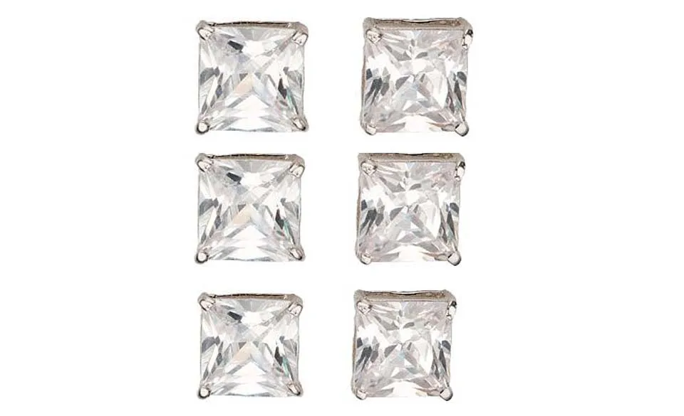 14k White Gold Plated 3Ct Square Cut White Sapphire Set Of Three Stud Earrings