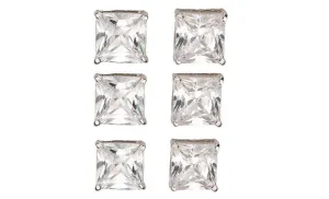 14k White Gold Plated 3Ct Square Cut White Sapphire Set Of Three Stud Earrings