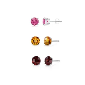 14k White Gold Plated 4Ct Created Pink Sapphire, Citrine and Garnet 3 Pair Round Stud Earrings