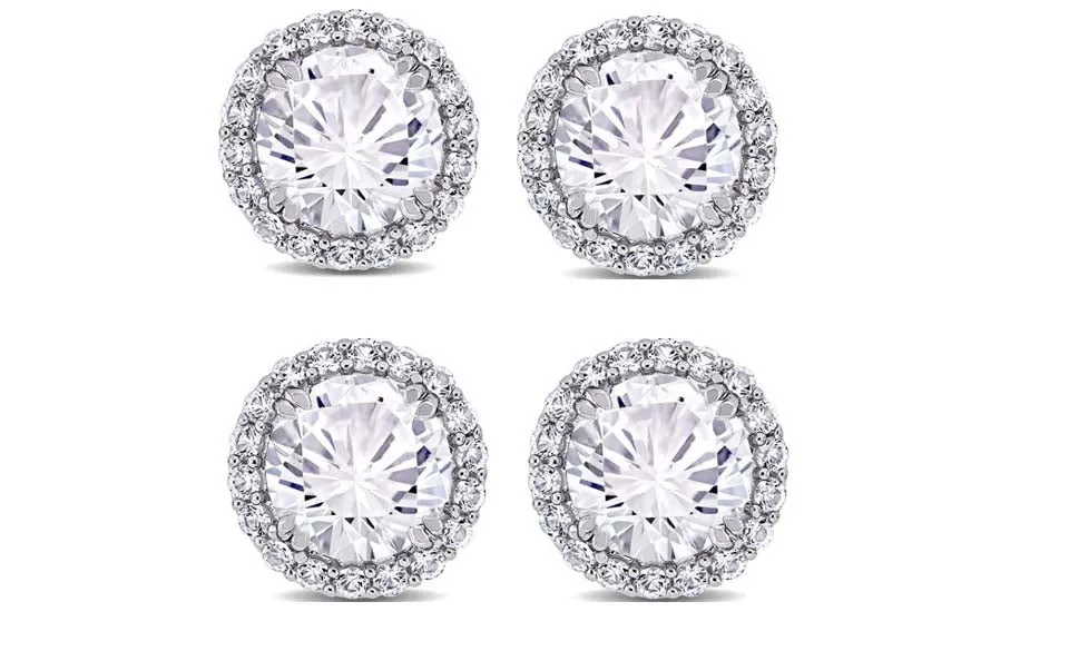 14k White Gold Plated 4Ct Round White Sapphire Set Of Two Halo Stud Earrings