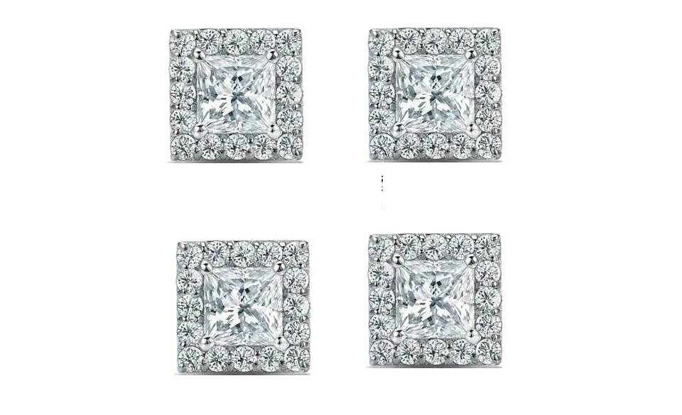 14k White Gold Plated 4mm 1/2Ct Princess Cut White Sapphire Set of Two Halo Stud Earrings