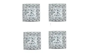 14k White Gold Plated 4mm 1Ct Princess Cut White Sapphire Set of Two Halo Stud Earrings