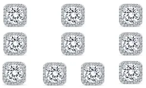 14k White Gold Plated 4mm 1Ct Square Cut White Sapphire Set of Five Halo Stud Earrings