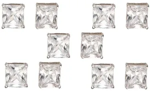 14k White Gold Plated 4mm 1Ct Square Cut White Sapphire Set Of Five Stud Earrings