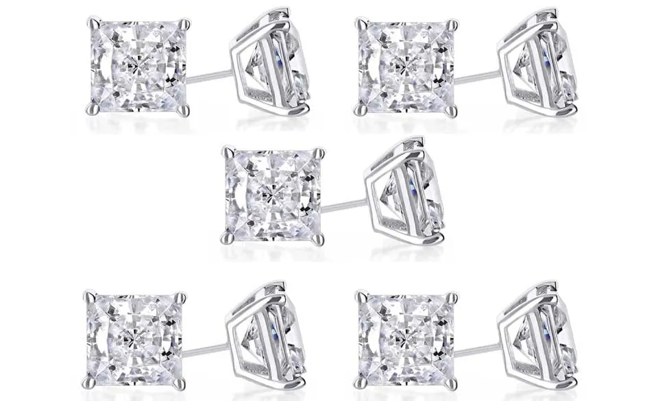 14k White Gold Plated 4mm 2Ct Princess Cut White Sapphire Set Of Five Stud Earrings