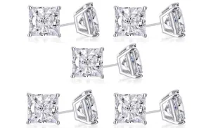 14k White Gold Plated 6mm 2Ct Princess Cut White Sapphire Set Of Five Stud Earrings