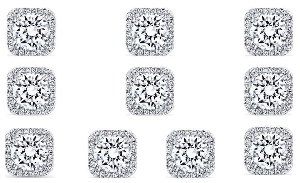 14k White Gold Plated 6mm 3Ct Square Cut White Sapphire Set of Five Halo Stud Earrings