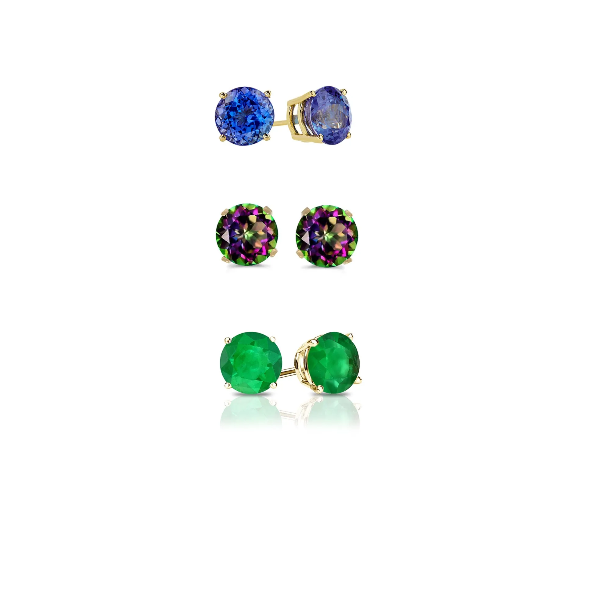 14k Yellow Gold Plated 1/2Ct Created Tanzanite, Mystic Topaz and Emerald 3 Pair Round Stud Earrings