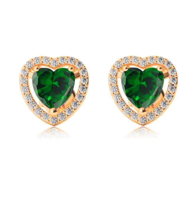 14k Yellow Gold Plated 2 Ct Created Halo Heart Emerald Stud Earrings