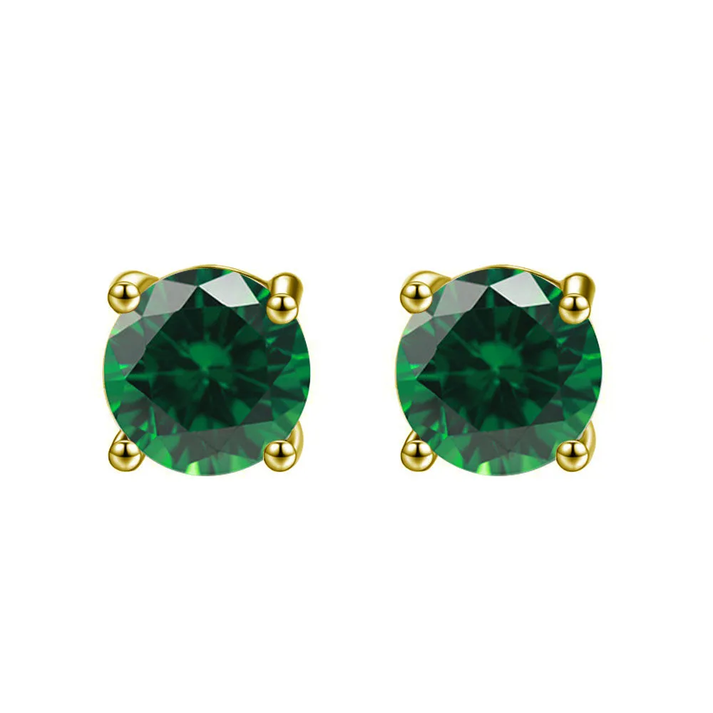 14k Yellow Gold Plated 2 Ct Round Created Emerald Stud Earrings