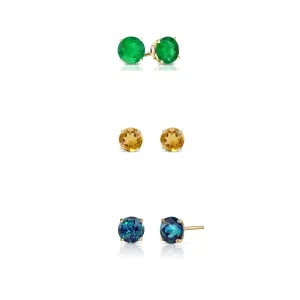 14k Yellow Gold Plated 4Ct Created Emerald, Citrine and Alexandrite 3 Pair Round Stud Earrings