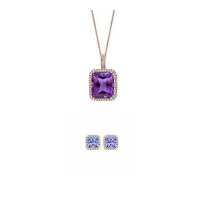 18K Rose Gold 1ct Halo Tanzanite Square 18 Inch Necklace and Halo Earrings Set Plated