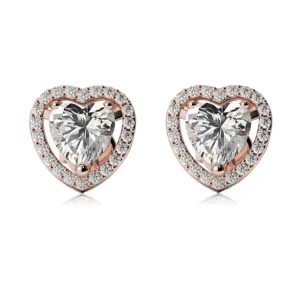 18k Rose Gold Plated 1 Ct Created Halo Heart White Sapphire Stud Earrings