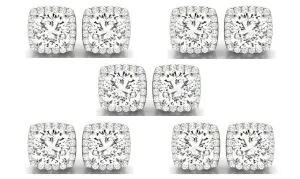 18k White Gold 3Ct Cushion Cut White Sapphire Set Of Five Halo Stud Earrings Plated