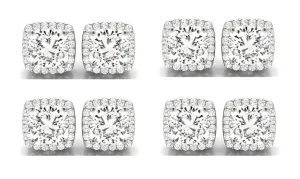 18k White Gold 3Ct Cushion Cut White Sapphire Set Of Four Halo Stud Earrings Plated