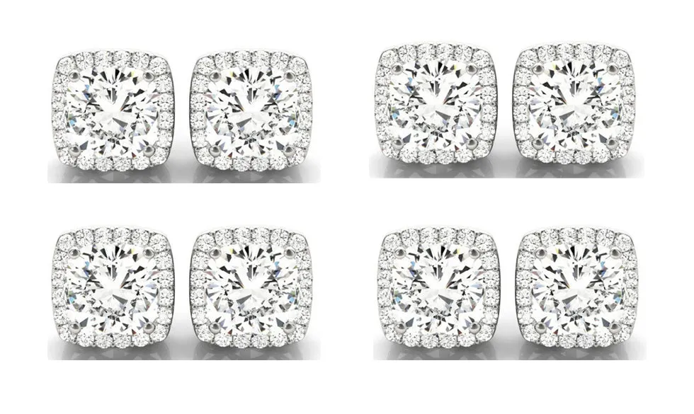 18k White Gold 4mm 3Ct Cushion Cut White Sapphire Set Of Four Halo Stud Earrings Plated