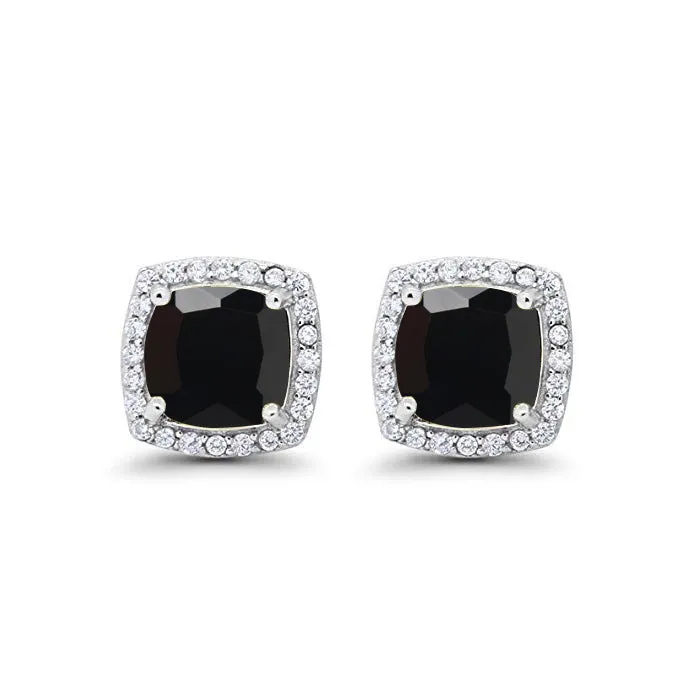 18k White Gold Plated 1 Ct Created Halo Princess Cut Black Sapphire Stud Earrings