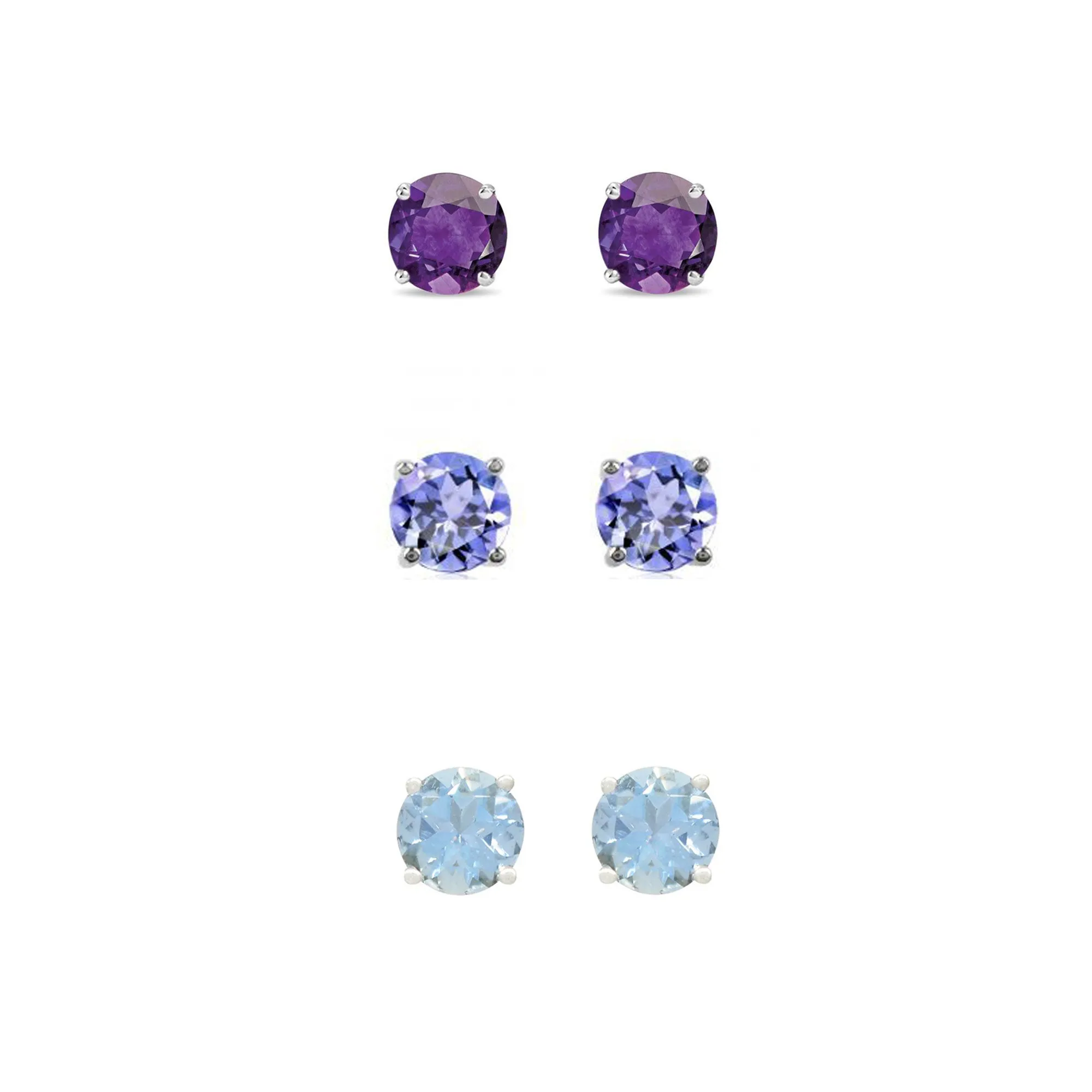 18k White Gold Plated 1/2Ct Created Amethyst, Tanzanite and Aquamarine 3 Pair Round Stud Earrings